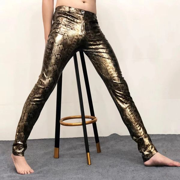 Calça ouro padrão de cobra prateada calça de couro shinny sexy boates de boate
