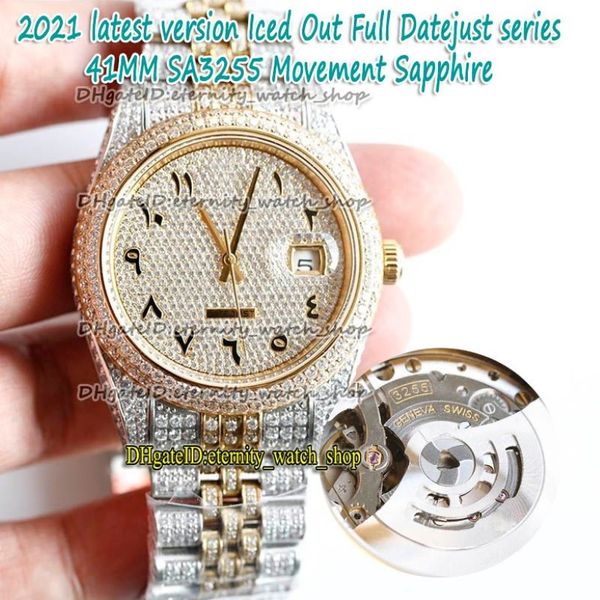 Versão mais recente Diamantes árabes Dial SA3255 Automático 81158 126334 126333 Mens Watch Two Tone Strap Iced Out Full Diamond eternidade 315Y