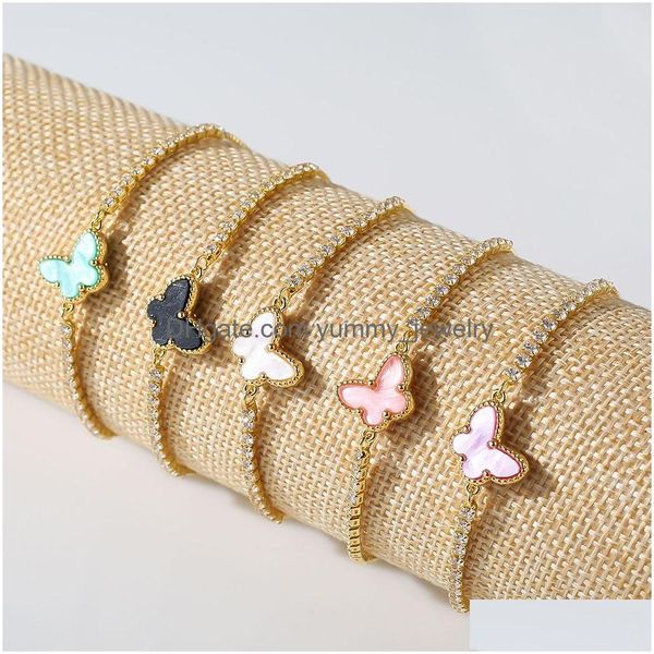 Braccialetti con ciondoli Braccialetti con ciondoli a forma di farfalla animale Design della moda Braccialetti con catena da tennis con strass in cristallo per donna Rame placcato oro Dhsjt