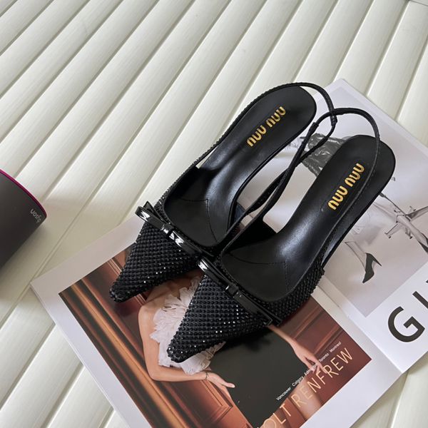 Tasarımcı Kadın MM Yüksek topuklu sandalet moda parti ofis elbise ayakkabıları dantel up sığ kesim tam elmaslar Slingback sandal kauçuk deri yaz ayak bileği kayış terlikleri