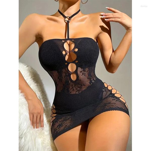 Camisoles tanques sexy ursinhos bodysuit rendas lingerie feminina tubo superior hip envoltório saia pijamas oco transparente vestido halter