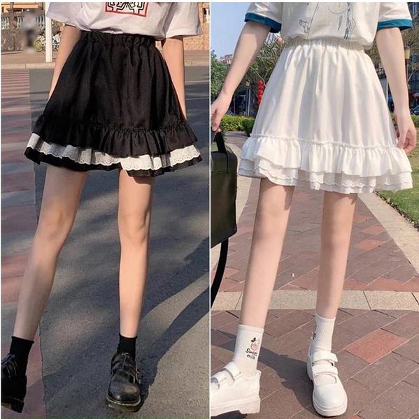 Gonne Goth Gothic Lace Ruffle Mini Womens Harajuku Fairy Grunge Nero Bianco Gonna a pieghe Lolita giapponese Streetwear