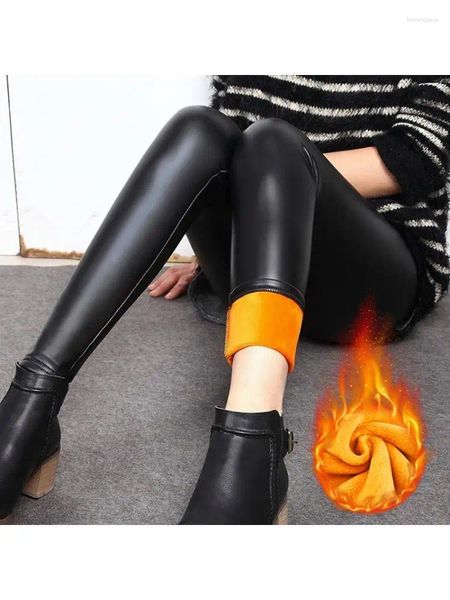 Calças femininas 2024 mulheres sexy cintura alta inverno quente leggings de couro térmico collants grosso velo magro preto elástico