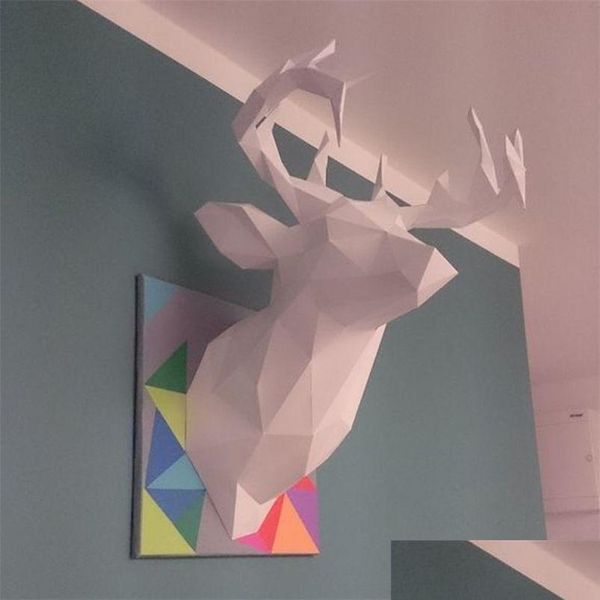 Objetos decorativos estatuetas cabeça de cervo troféu papercraft modelo de papel 3d 3 cores geométrica origami scpture para decoração de casa parede deco dhnjs