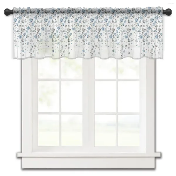 Cortina azul cinza flor fundo branco pequena janela tule sheer curto quarto sala de estar decoração casa cortinas voile