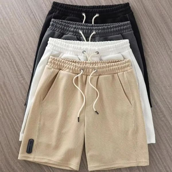 Shorts masculinos cor sólida cintura média verão shorts waffle textura virilha profunda escovado shorts masculinos soltos na altura do joelho shorts casuais 240223