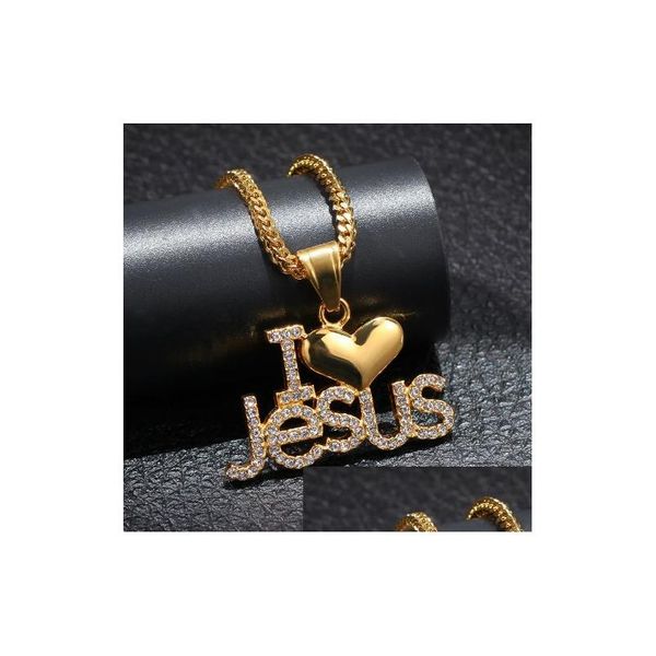 Anhänger Halsketten Herren Hip Hop Gold Edelstahl Ich liebe Jesus Herz Halskette Kette Iced Out Diamant Initial Rapper Schmuck Geschenke Dhhq2