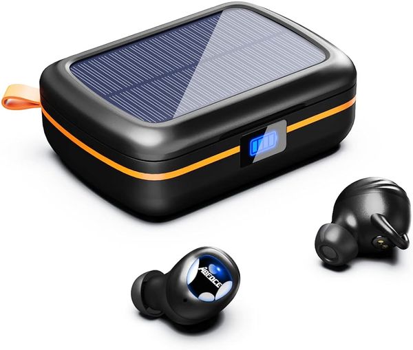 Fones de ouvido sem fio com cancelamento de ruído ENC, fones de ouvido Bluetooth TWS, tempo de reprodução de 160 horas, estojo de carregamento solar à prova d'água IPX6 e fones de ouvido esportivos/de trabalho com carregamento rápido USB-C