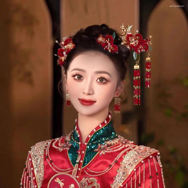 Fermagli per capelli HIMSTORY Set di copricapo di fiori di velluto rosso Xiuhe in stile cinese