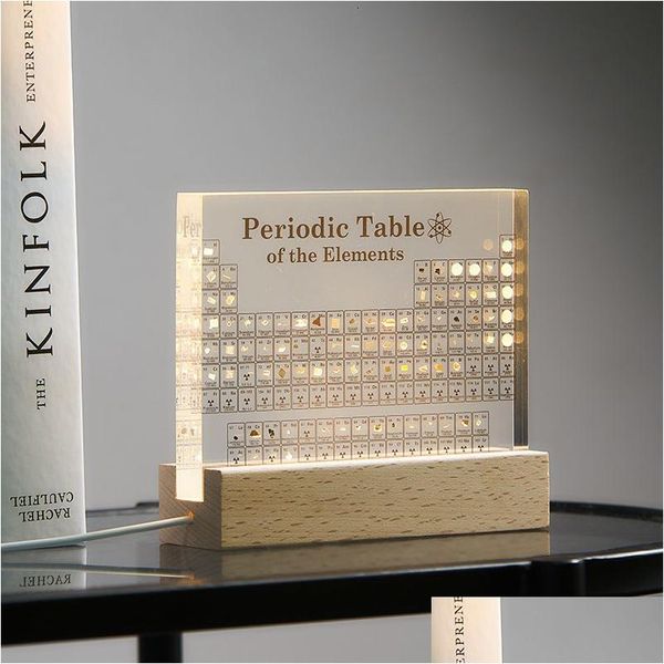 Objetos decorativos estatuetas tabela periódica acrílica de elementos com amostras reais a base de luz ornamento exibição de ensino escolar dhkne