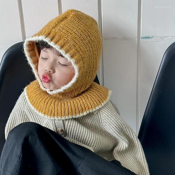 Berets crianças malha orelha proteção chapéu inverno calor tendência doce cor contraste bebê lã uma peça
