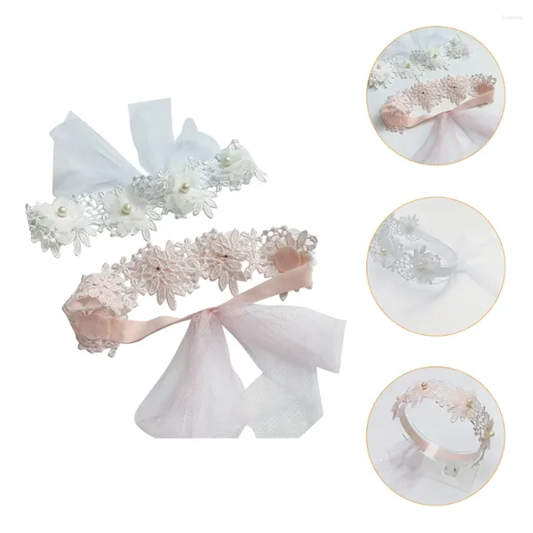 Bandane 2 pezzi Fasce per fiori Battesimo Nato Pizzo Perla Copricapo Regalo Accessorio per capelli