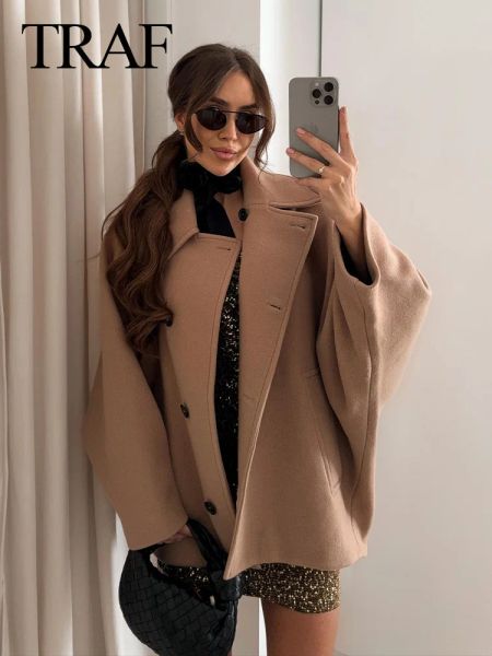 Blends TRAF Winter Damen Khaki Lose Jacke Khaki Dicke Langarm Einreihige Freizeitjacke Baumwolle Damen Wollmischung Pelzmantel