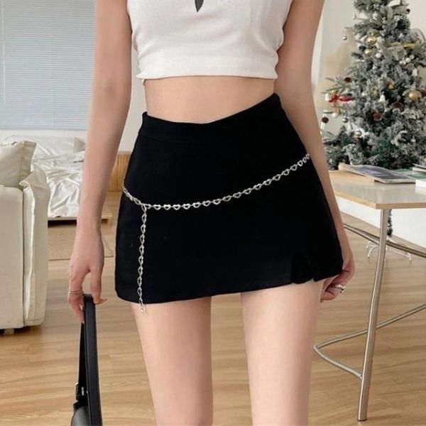 Röcke E Mädchen Schwarz Mini Frauen Punk Sexy Kette Gürtel Schlitz Koreanische Nette Hohe Taille A-linie Micro Rock Y2K Skort Streetwear Falda