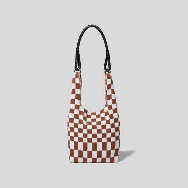 Borse da sera a spalla all'uncinetto scozzese per donna Moda giapponese lavorata a maglia elastici borsa shopper da donna manico in pelle pu inverno femminile To240n