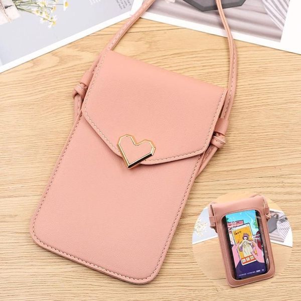 Nova moda rosa pu couro tocável bolsa de telefone bolsa de ombro bolso carteira capa feminina ombro280K