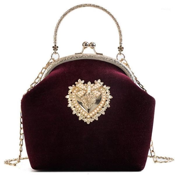 Abendtaschen 2021 Femme Retro Samt Perle Handtasche Vintage Velour Herz Design Tasche Hochzeit Party Braut Kupplung Abzeichen Geldbörse274l