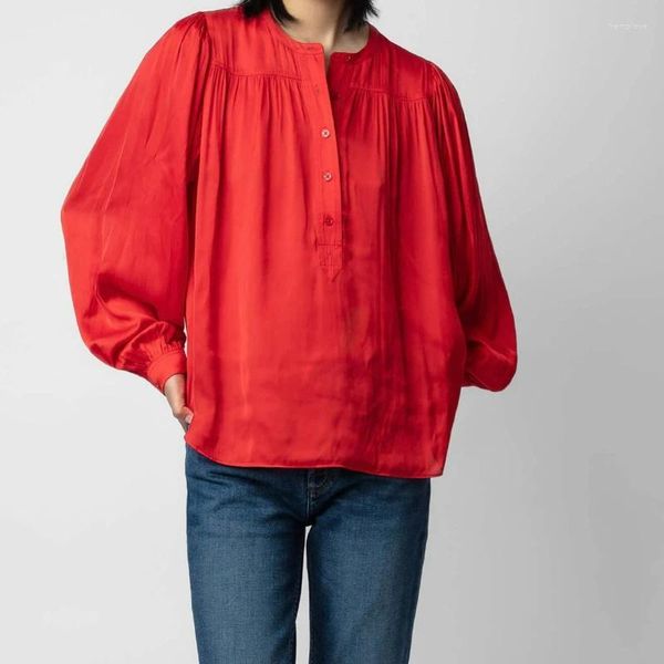 Женские блузки, осень 2024, женская рубашка с длинными рукавами, пышными рукавами спереди и сзади, плиссированный свободный топ до половины груди