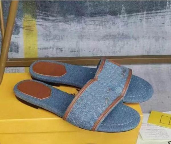 Designer Fluxury Mulheres Chinelos Salto Denim Logo Slide Sandálias Flat Resort Sandália Senhora Ao Ar Livre Casual Flip Flop Beach Flats Solas de Borracha Slip On Box35-42