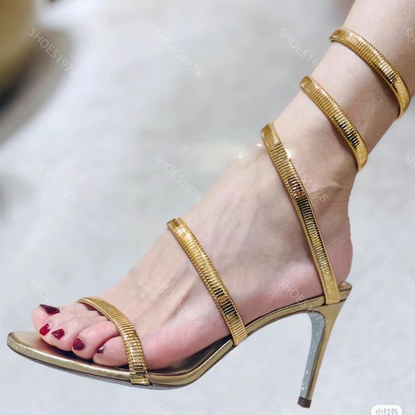 Gold Sandals Designer Schuhe Rene Caovilla Womens Stiletto Heels Kristall Strass Twining Foot Ring 10 cm High Heeled Schmalband Designer Sandale 35-43 mit