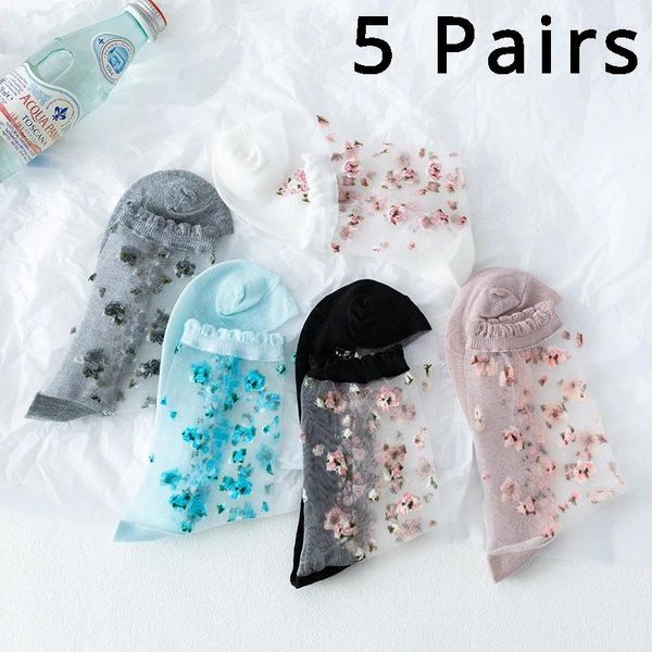 Mulheres meias 5 pares respirável ultra fino verão transparente rendas de seda cristal rosa flor meninas elástico curto feminino sox