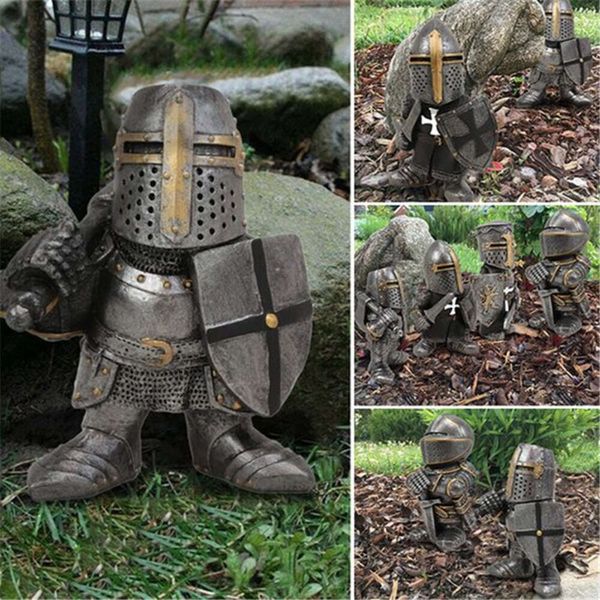 Neue dekorative Objekte, Figuren, Ritter, Soldat, Gartenstatue, Wächter, Kreuz, Templer, Zwerg, Wächter, Rüstung, Samurai, Miniatur, europäischer Ritter, Kunstharz, Gartendekoration