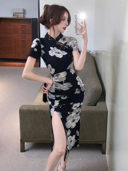 Ethnische Kleidung Mittellanges bedrucktes Kleid im chinesischen Stil Sexy Qipao-Rock Retro Elegant Cheongsam Cosplay Party China Kleidung Orientalische Kleider