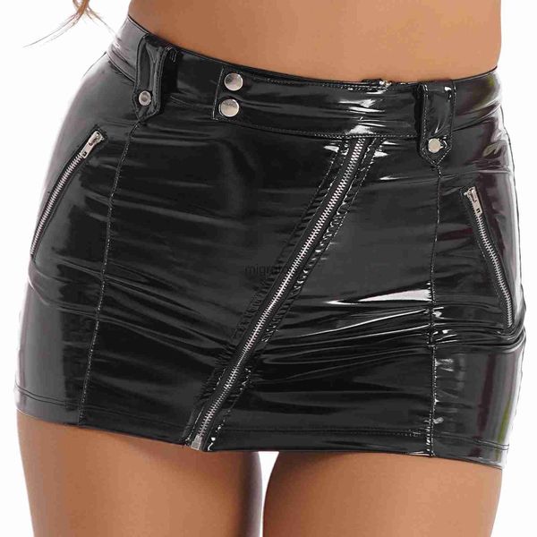 Röcke Skorts Damen Hohe Taille Schräger Reißverschluss Schwarz Hot Short Mini Festival Rave Party Clubwear Wet Look Lacklederrock YQ240223