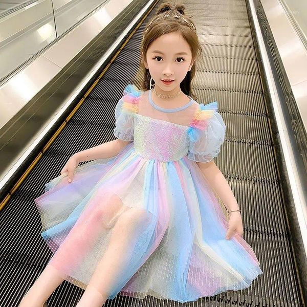 Платья для девочек, коллекция 2024 года, летнее платье для детей 4, 6, 8, 10, 12 лет, переливающаяся одежда для девочек, детский костюм принцессы для дня рождения, детский костюм