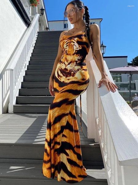 Vestidos casuais mozision tigre padrão impressão maxi vestido para mulheres 2024 espaguete cinta sem mangas sem costas elegante sexy slipdress vestidos