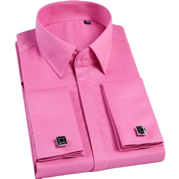 Camicia da uomo con gemelli francesi di qualità rosa Camicia da uomo a maniche lunghe casual di marca maschile Camicie slim fit con polsino 240219