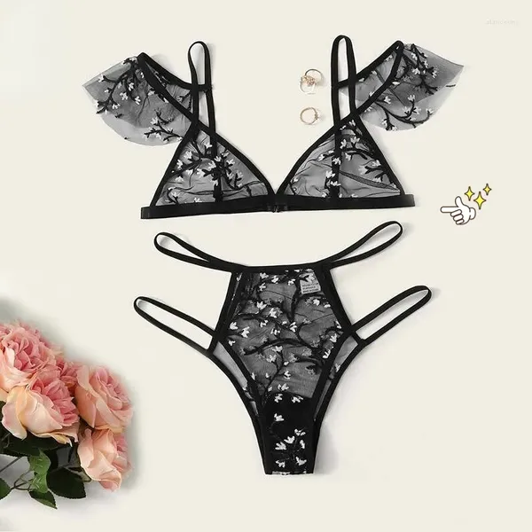 Set di reggiseni Set di lingerie sexy Reggiseno di pizzo e slip Reggiseno ricamato Perizoma Mutande Intimo da donna Slip erotico trasparente