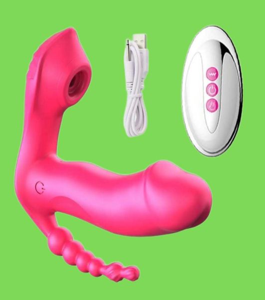 Massageador adulto 3 em 1 Women039s Vibrador Chupando Vibrador Brinquedos Sexuais para Calcinhas Wearable Anal Beads Plug Vagina Feminino Vibrators3915900