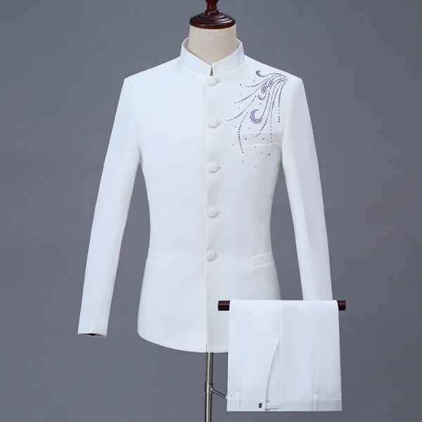 Tute 2 pezzi blazer giacca pantaloni set / moda uomo casual maestro di cerimonie perforazione a caldo colletto rialzato abiti tunica cinese