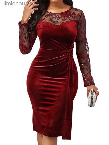 Vestidos sexy urbanos primavera verão vestido feminino 2022 casual plus size magro veludo escritório lápis vestido elegante sexy oco para fora renda longa festa vestidos 240223