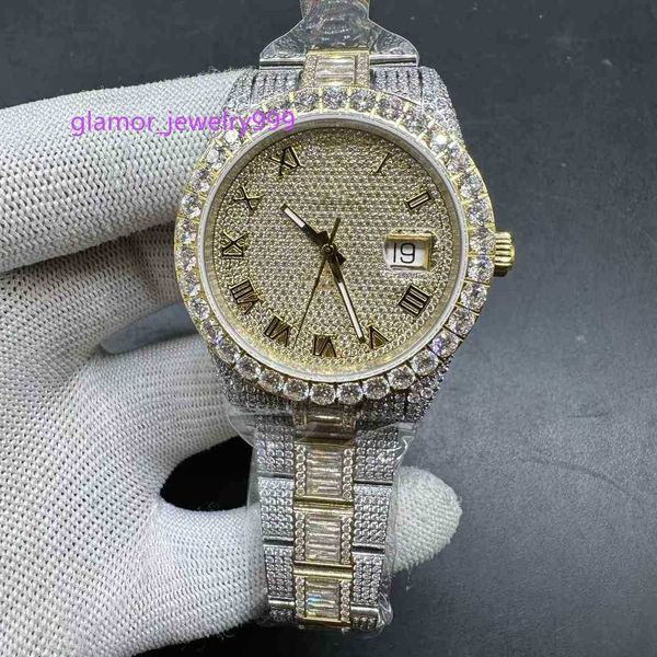 Iced Out Herrenuhren, Gelbgold, 2-Ton-Gehäuse, 41 mm, Diamanten, römisches Diamanten-Zifferblatt, Diamantarmband, CZ-Steine, glänzende Uhr, Markenlogo-Uhr