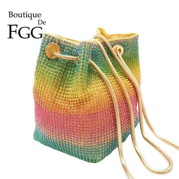 Totes Fashion Bag Tote Boutique De Fgg Rainbow Mulheres Mini Corrente Bolsas de Ombro e Bolsas Cristal Embreagem Noite Strass P267y