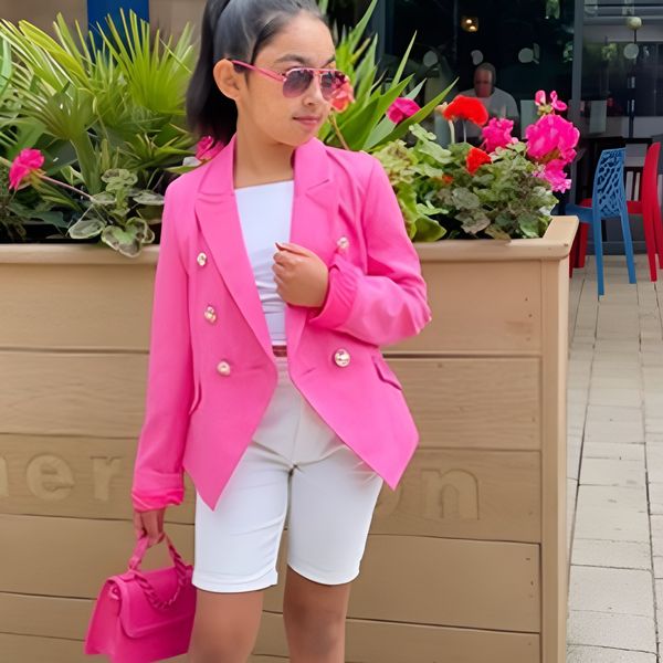 INS Kids Çifte Göğüslü Toka Blazers Kızlar Barbie Pembe Prenses Out Giyim Moda Çocuklar Spring Count S1091