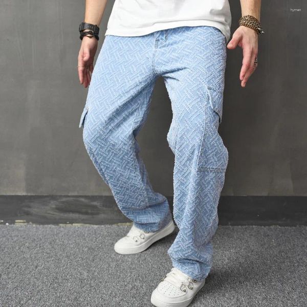 Jeans da uomo Uomo Streetwear Pantaloni da carpentiere con tasche multiple larghe Pantaloni da motociclista dritti casual alla moda da uomo