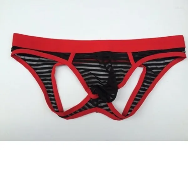 Cuecas masculinas briefs triângulo listra mostrar oco-out sexo translúcido respirável fad unershorts virilha aberta nádegas expostas