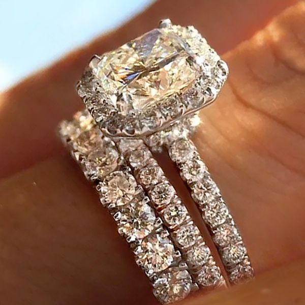 Anéis de casamento elegantes feitos à mão joias de luxo 925 prata esterlina princesa corte branco 5a zircão cúbico cz diamante pedras preciosas festa 3 peças conjunto de anel de noiva feminino presente