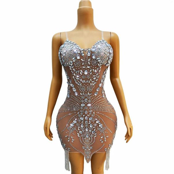 Stage Wear Argento brillante Strass Frange Abito trasparente Sera Compleanno Festeggia abito elasticizzato Costume sexy Cristalli Pipa