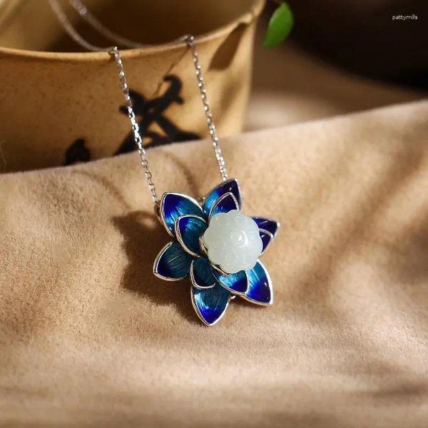 Anhänger Klassisches Design 925 Silber Natürliche Hetian Weiße Jade Emaille Blaue Lotusblume Halskette Anhänger Frischer Stil Schmuck Für Frauen