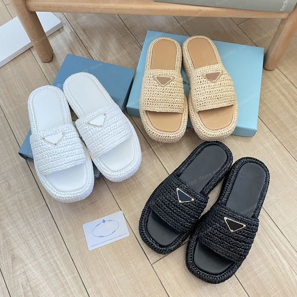 12 stili Triangolo Prad Intreccio di paglia Pantofola sandalo piattaforma Pantofole in rafia Designer donna uomo Estate Tacco piatto Infradito piscina all'aperto Slider scarpa da spiaggia