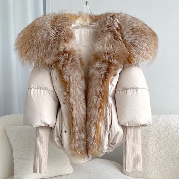 Casaco de pele feminino de inverno, jaqueta branca de penas de ganso com grande gola de pele de raposa prateada real, sobretudo solto feminino