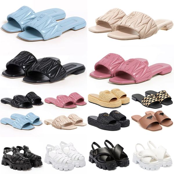 Designer-Espadrille-Sandalen, Pantoffeln, Miui-Luxus-Slipper aus schwarzem, beigefarbenem Bule-Rosa für Damen und Mädchen, Monolith-Slides aus Matelasse-Nappaleder aus Schaumgummi