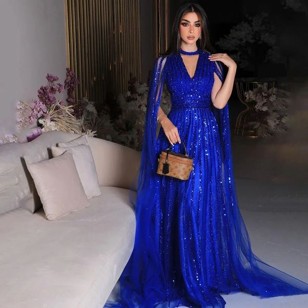Abito da sera blu royal arabo maniche a mantella elegante scollo a V a-line lunghezza pavimento paillettes scintillanti abiti formali da donna per la festa di fidanzamento Robe De Soiree