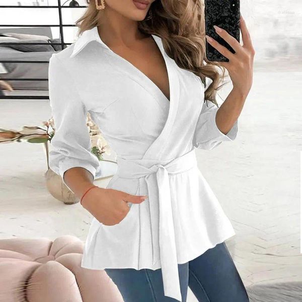 Damenblusen 2024 Herbst Damen Tops Bluse Elegant Sexy V-Ausschnitt Langarm Gürtel Shirts Weiblich Frühling Mode Lässig Schlank Blusas Top