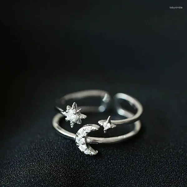 Кольца кластера из стерлингового серебра 925 пробы, сладкое двухслойное кольцо со звездой и луной, открывающееся кольцо для женщин и девочек, свадебные украшения на палец, оптовая продажа ювелирных изделий
