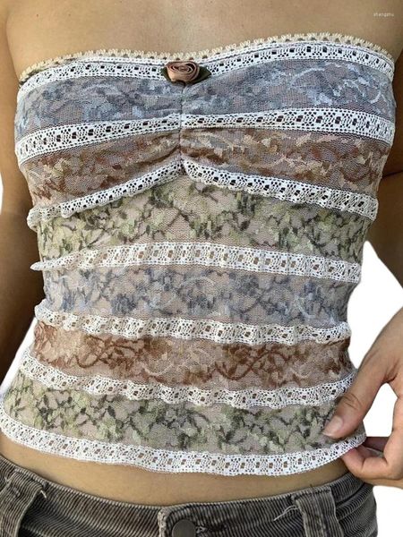 Женские майки Y2k с цветочной кружевной вышивкой в стиле пэчворк, укороченный топ-труба, сексуальный без бретелек, блочный цвет, прозрачная бандо, уличная одежда